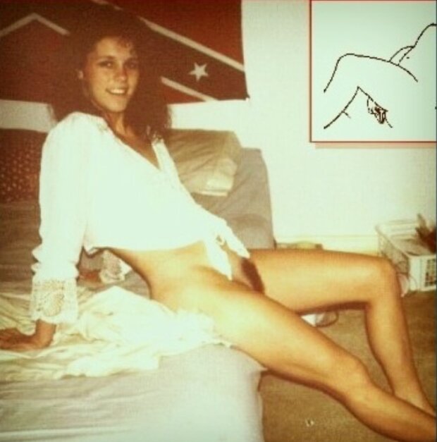 Vintage 80s brunette with nice bush and confederate flag